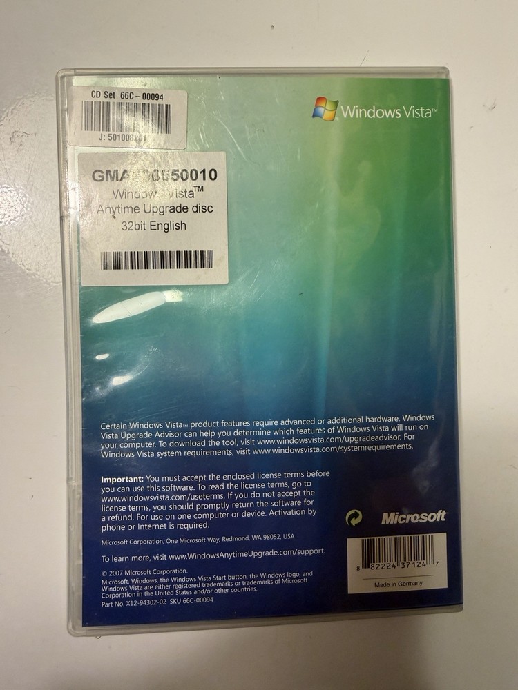 Microsoft Windows Vista Anytime Upgrade Disc And Case - 32 Bit