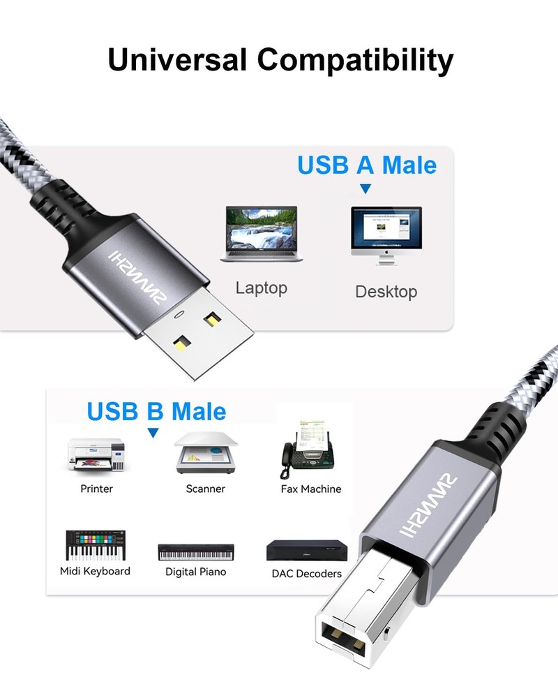 USB Printer Cable 6ft - USB2.0 A to B - Stable Connection, 6FT