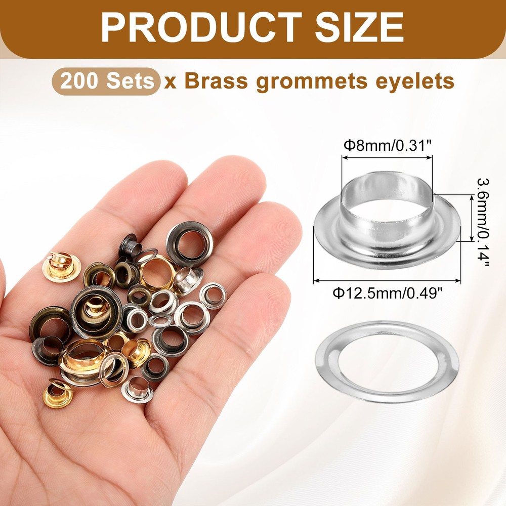 200 Sets Grommets Eyelets, 8mm Brass Self Backing Eyelets, Silver Tone
