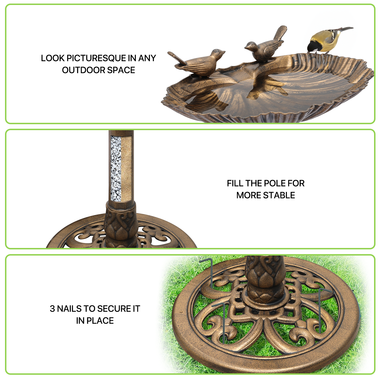 Outdoor Pedestal Solar Pumb Bird Bath Bronze Freestanding Garden Backyard D??cor