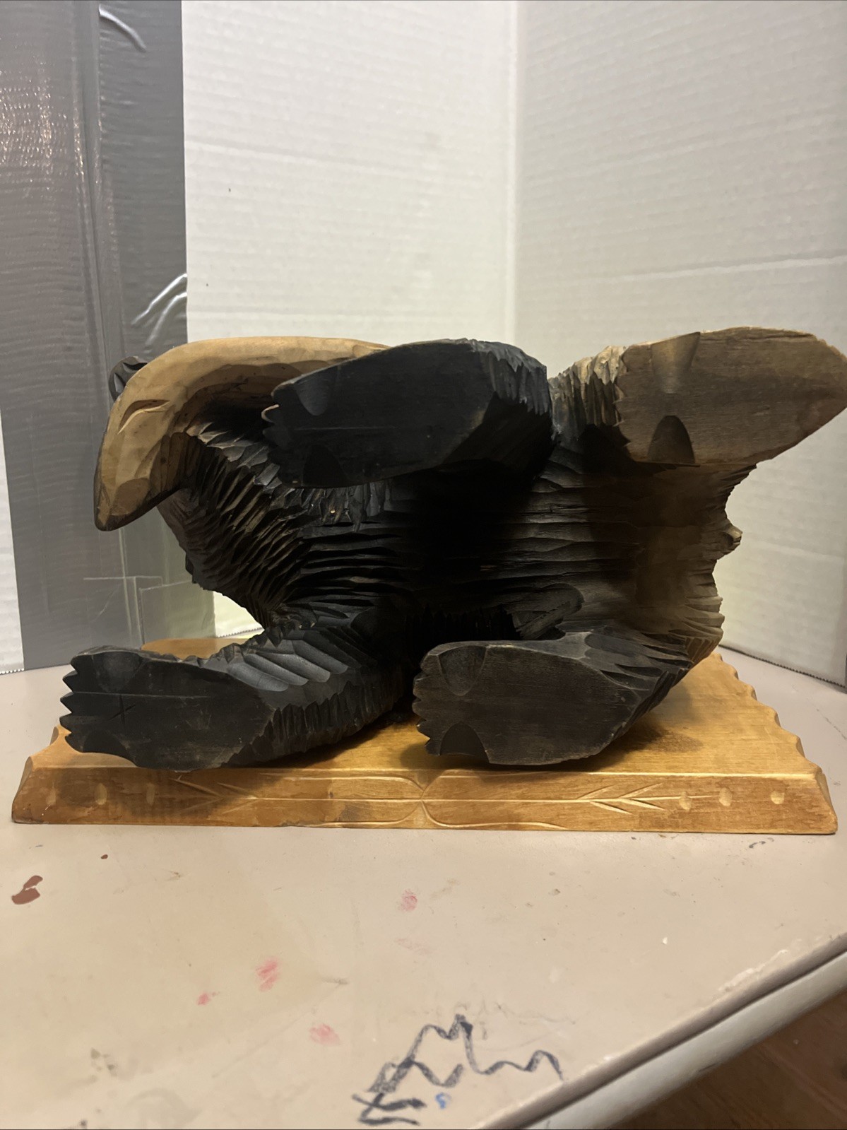 Japanese Style 13” W x 7” L x 9” T Wooden Ainu Bear With Salmon Statue With Base