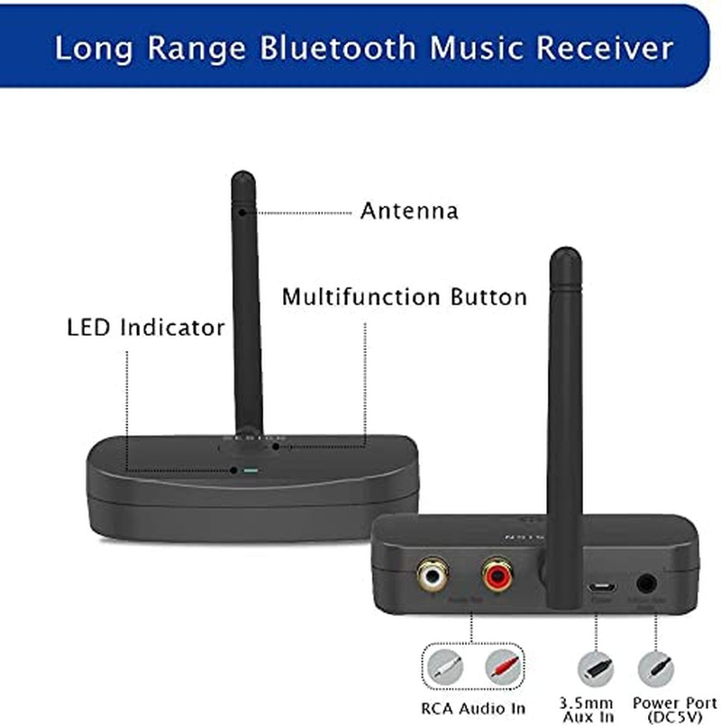 BE-RCA Long Range Bluetooth Music Receiver, Wireless Audio Adapter for Wired Spe