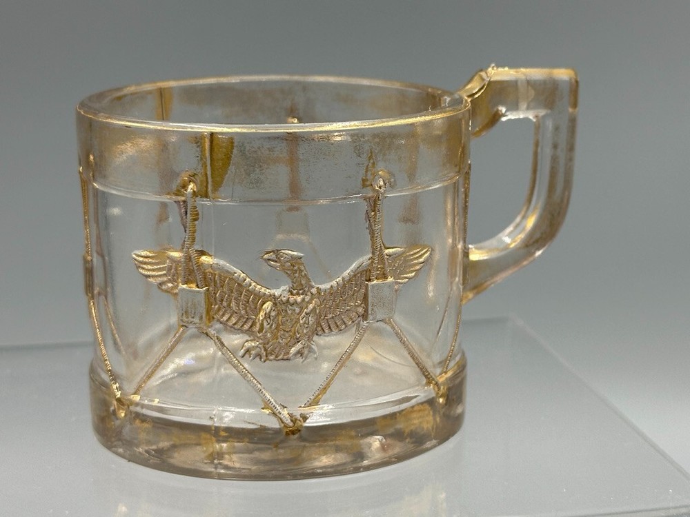 1909 Pair Mug EAGLE DRUM Cup Glass CANDY CONTAINER Antique E&A 543