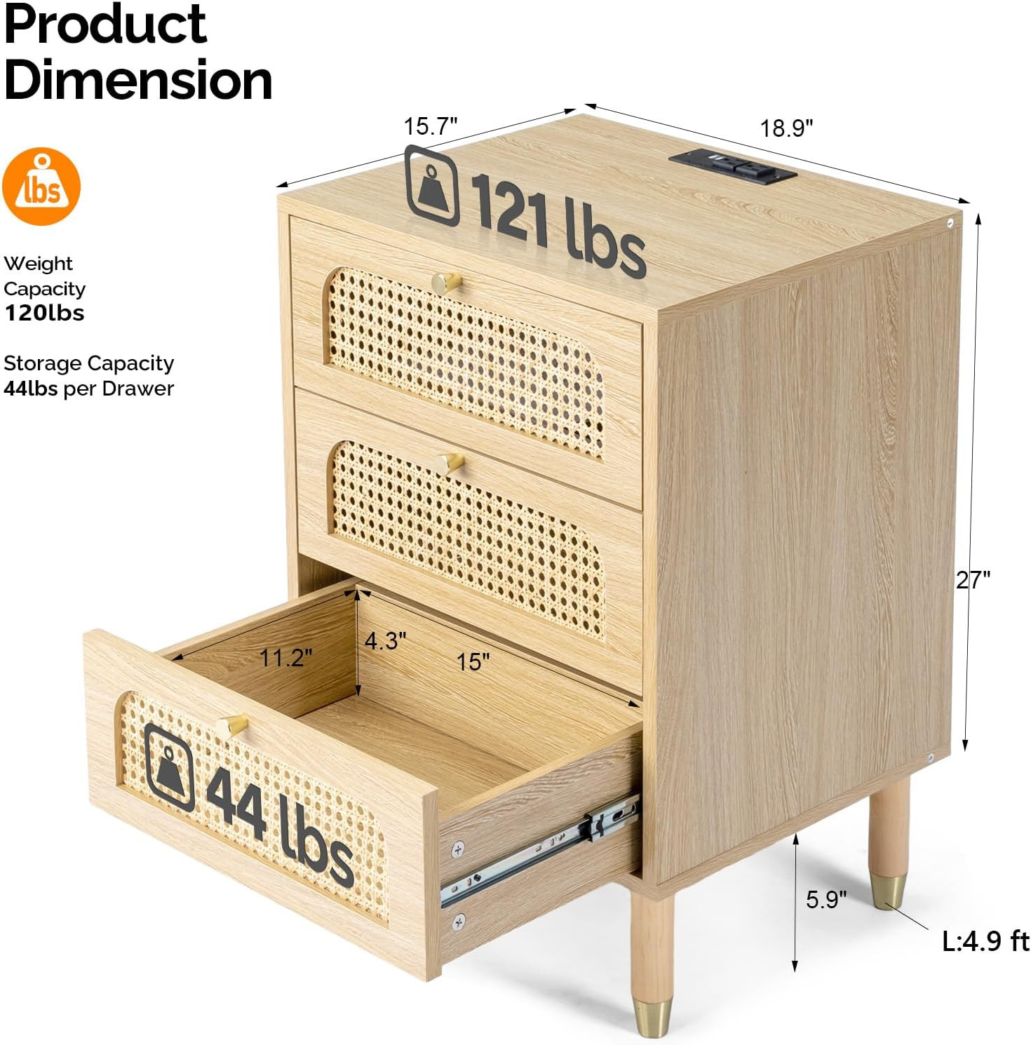 Rattan Nightstand with Charging Station 19" W Nightstand with 3 Drawers