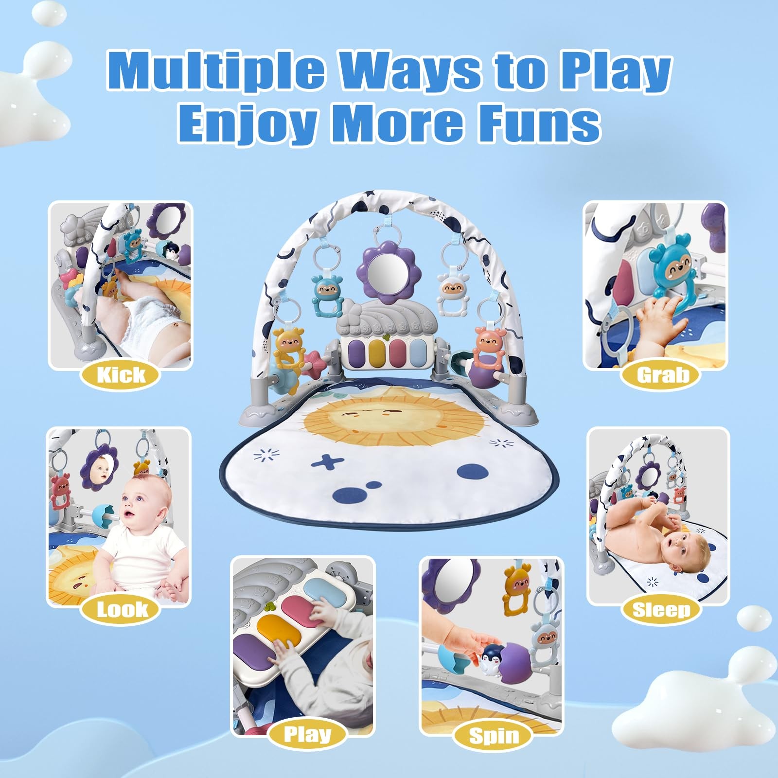 Baby Play Gym Mat, Baby Gym Activity Center, Kick and Play Piano with Music a...
