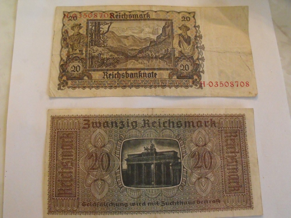 (8) German 20 Reichsmarks currency