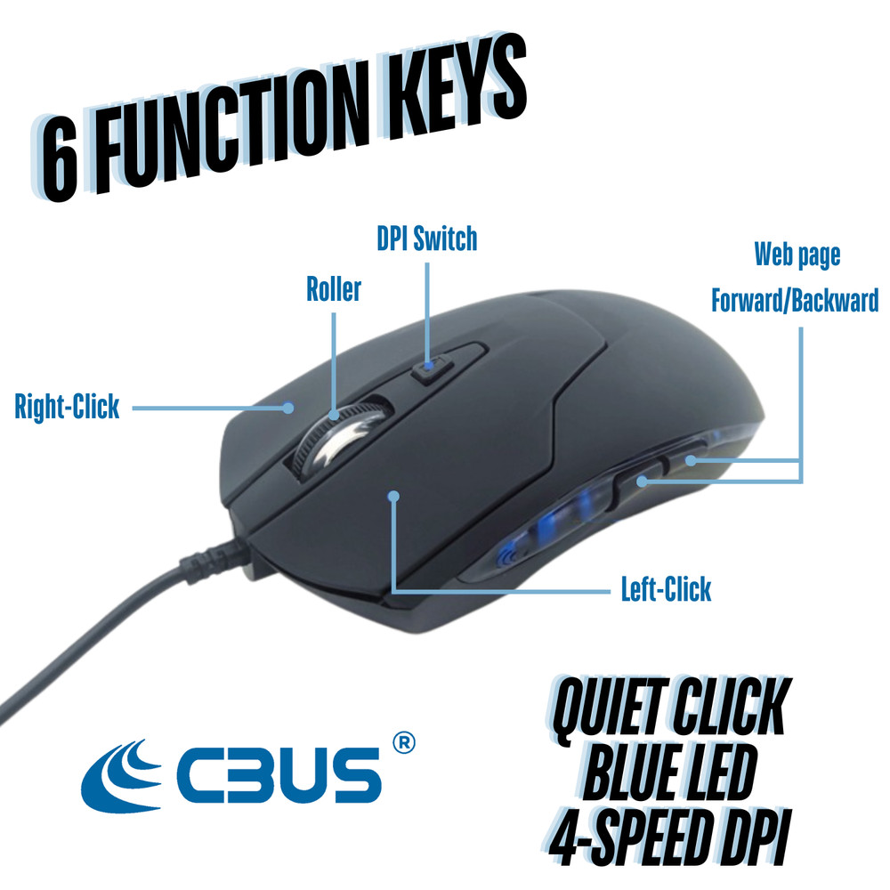 Wired USB-C 6-Button Quiet Mouse, 4-DPI Speeds, Ergonomic LED Backlight - Mac/PC