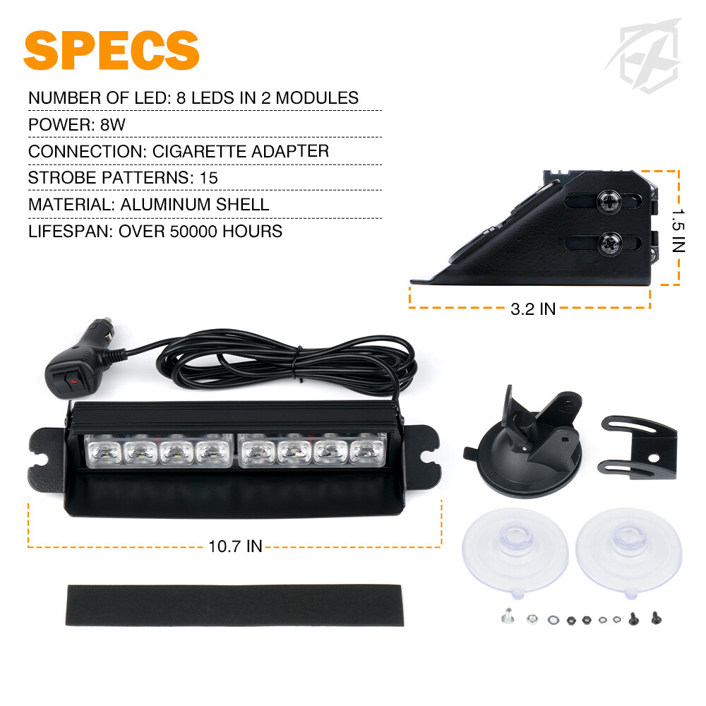 8" LED White Front Windshield Dash Deck Warning Flashing Traffic Advisor Lights