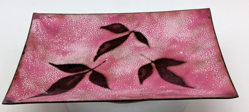Enamel Over Copper Rectangle Dish Pink With Leaves