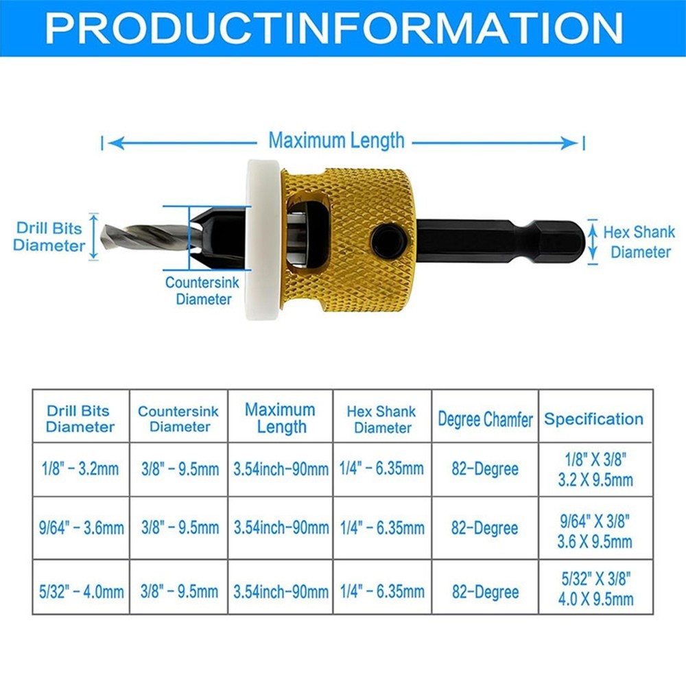 Replaceable Countersink Drill Bits Set of 3 with Adjustable Depth Feature