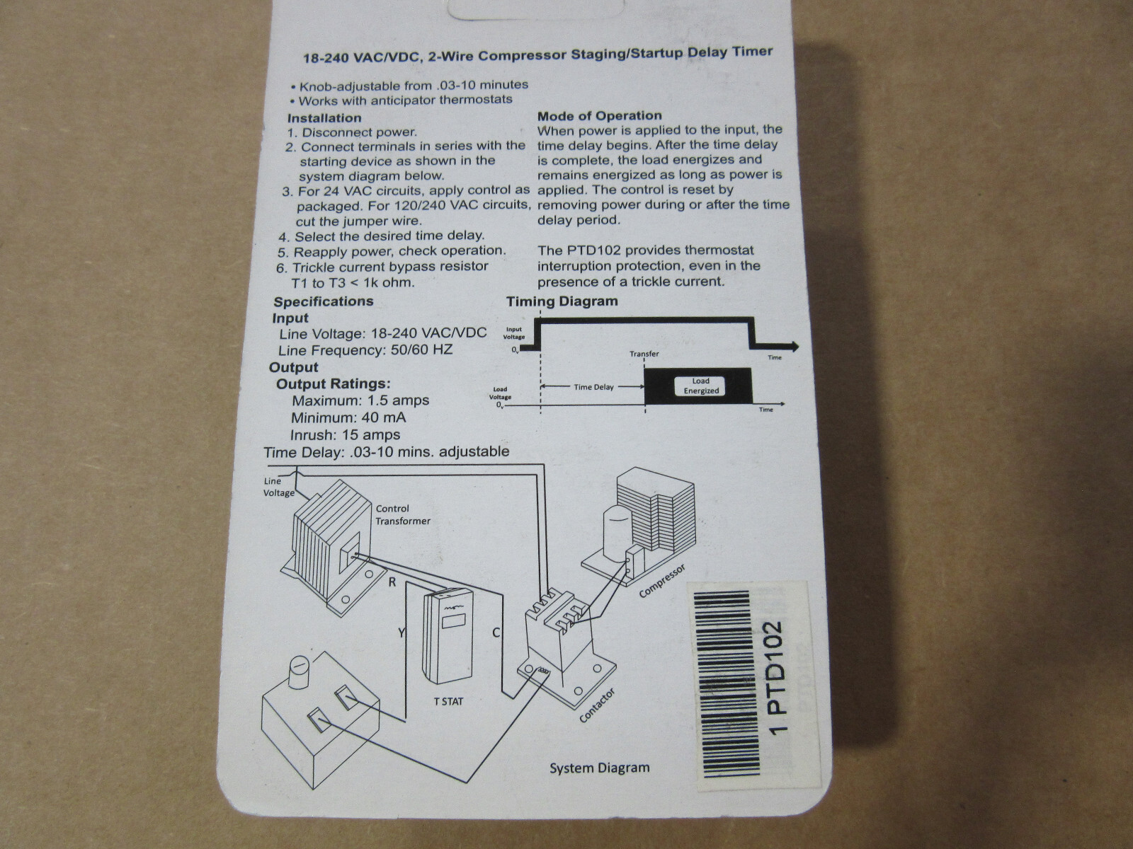 Parkard PTD102 Delay on Make Timer 10 Minutes NEW!! in Sealed Pack Free Shipping