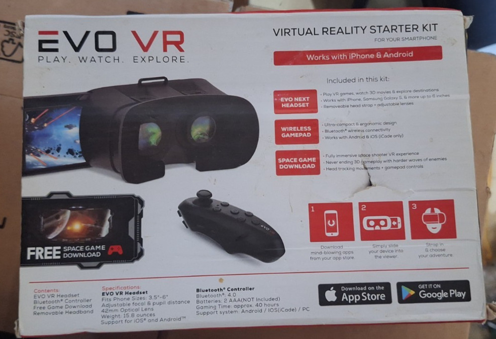 EVO VR Virtual Reality Smartphone VR Headset Starter Kit Bluetooth 360 Degree