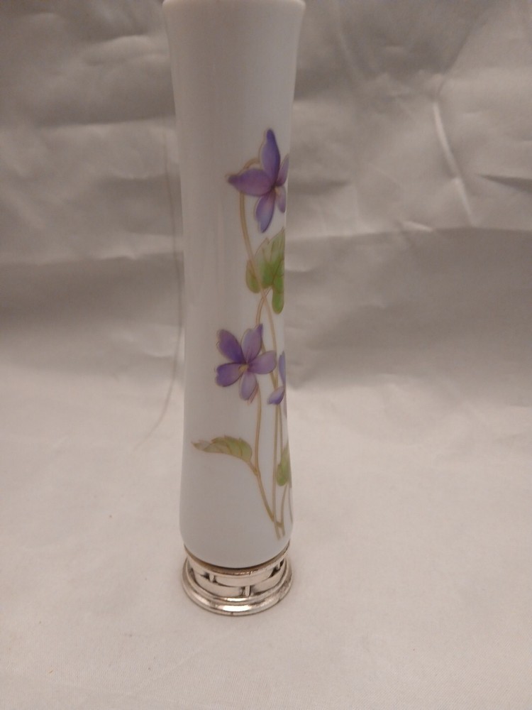 White Ceramic With Violets Bud Vasr W/ Mental Base