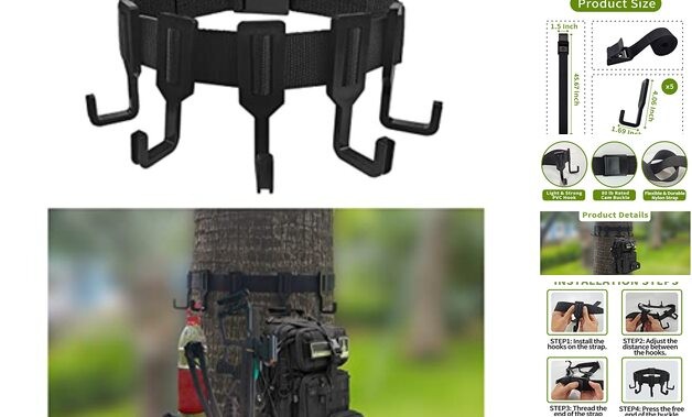 Treestand Strap Gear Hangers with Large Hooks, Lightweight Multi-Hook Black