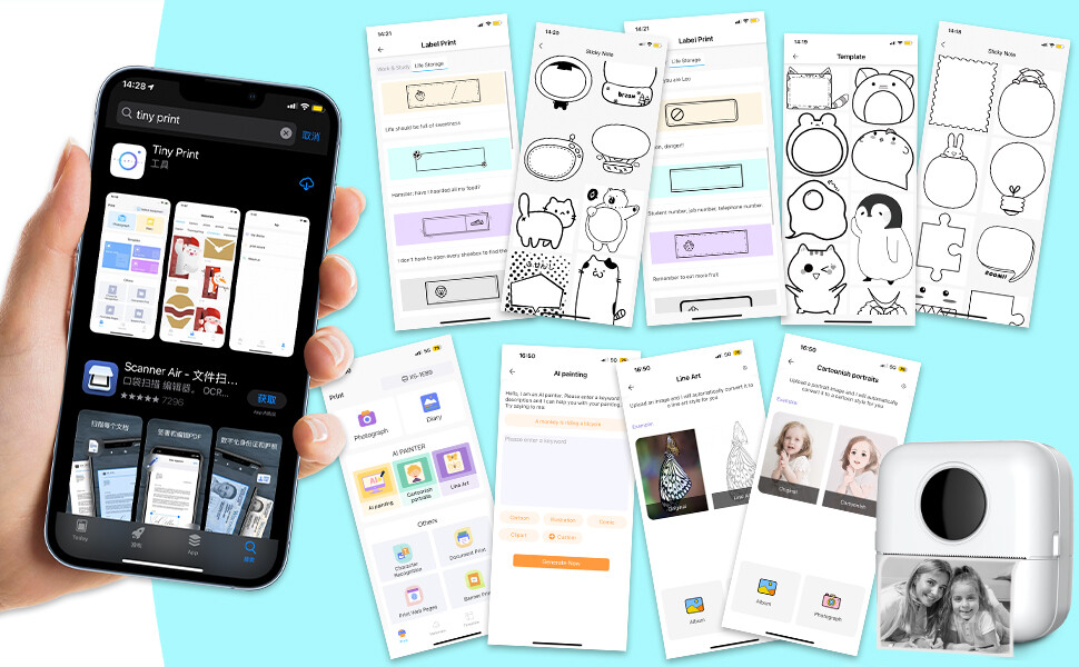 Mini Sticker Printer - Bluetooth Smart Pocket Inkless Thermal Printer w/10 Rolls