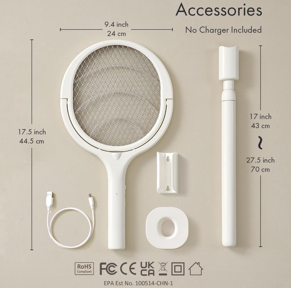 Electric Rechargeable Racket Swatter, Extendable Handle, USB, White, Fly