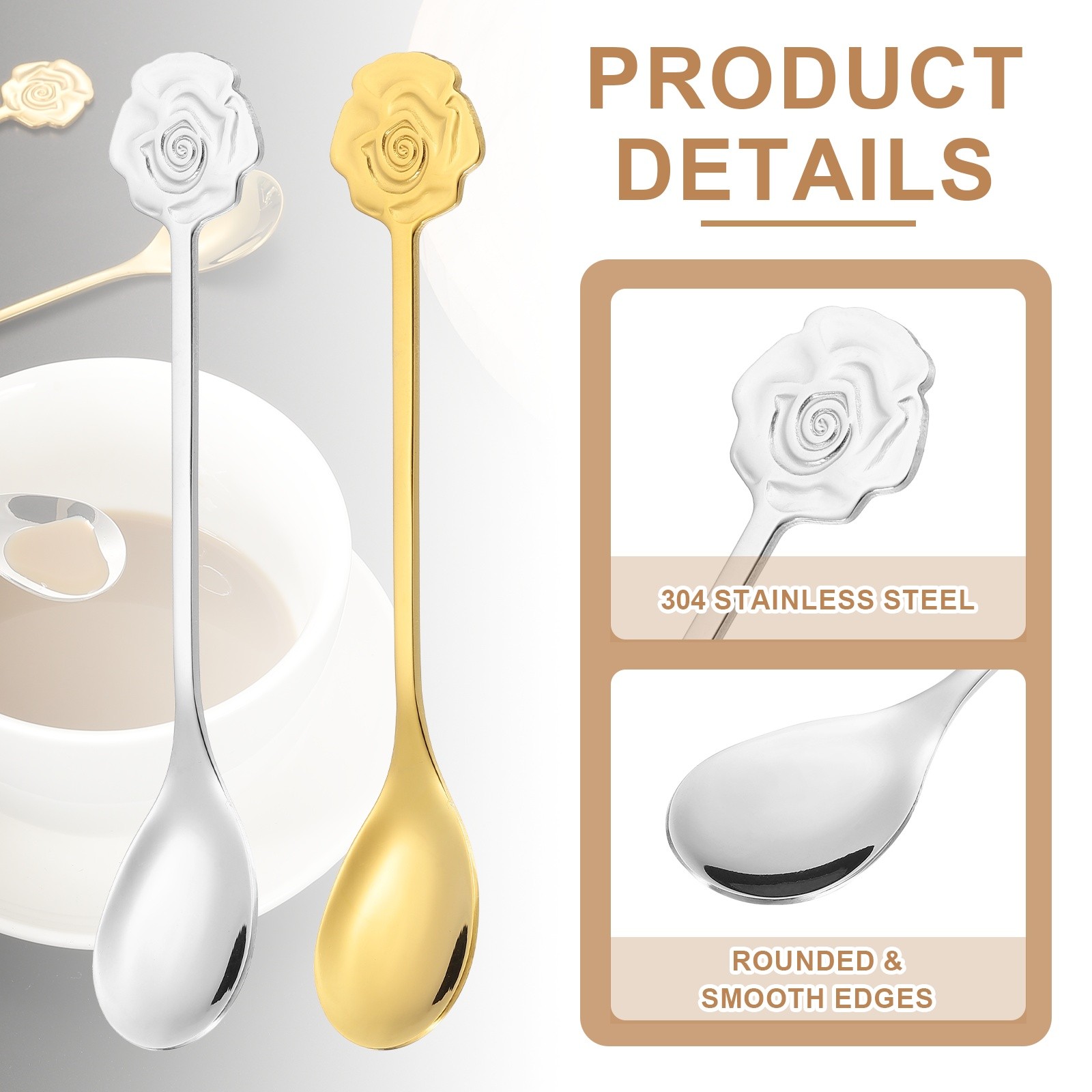 4pcs Coffee Spoons, Rose Tea Spoons Stainless Steel, Silver