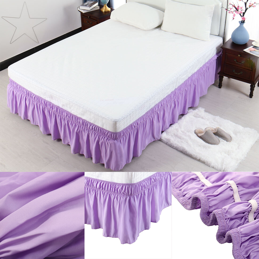 US Ship Wrap Around Bed Skirt Elastic Dust Ruffle 15 Inch Drop 4 Size Wrinkle
