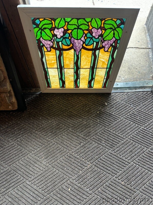 Antique Stained Leaded Glass Grapevine Window 28"x26"