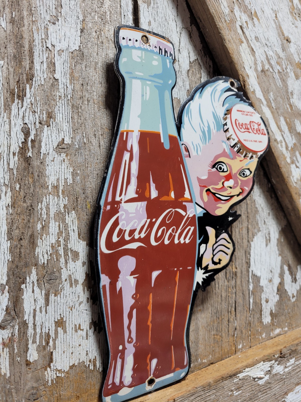 VINTAGE COCA COLA PORCELAIN SIGN BOTTLE CAP BOY SODA COKE BEVERAGE FOOD STORE