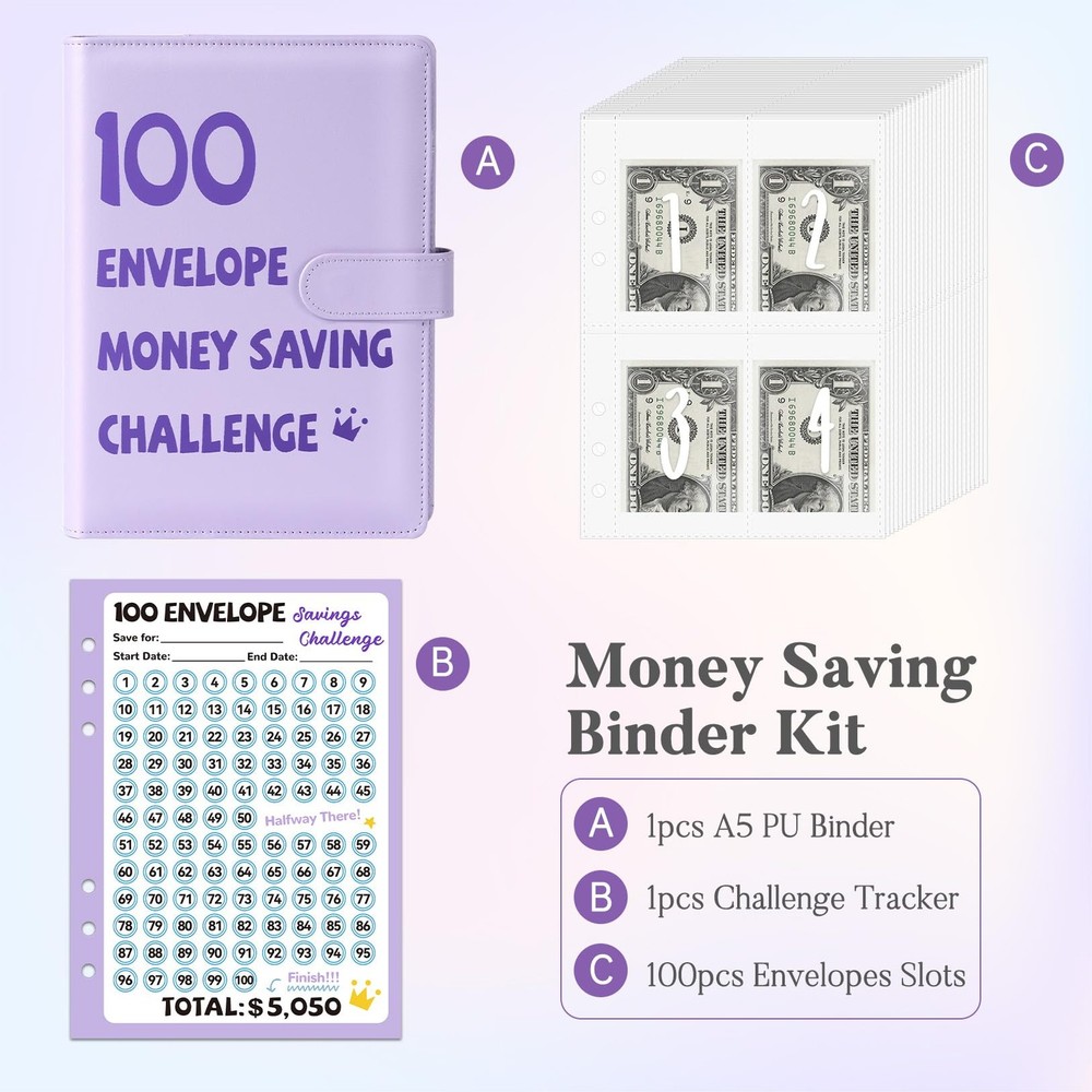 100-Envelopes Money Saving Challenge Binder A5 Savings Book with Tracker