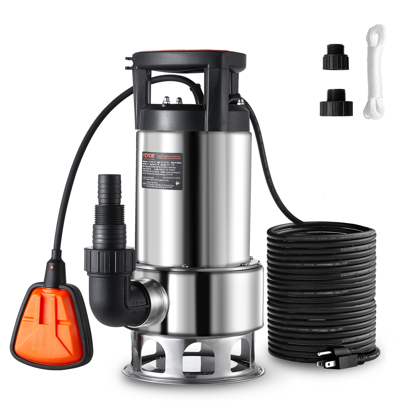 VEVOR 1HP Submersible Sump Pump 4020GPH 30FT Stainless Steel Automatic Switch