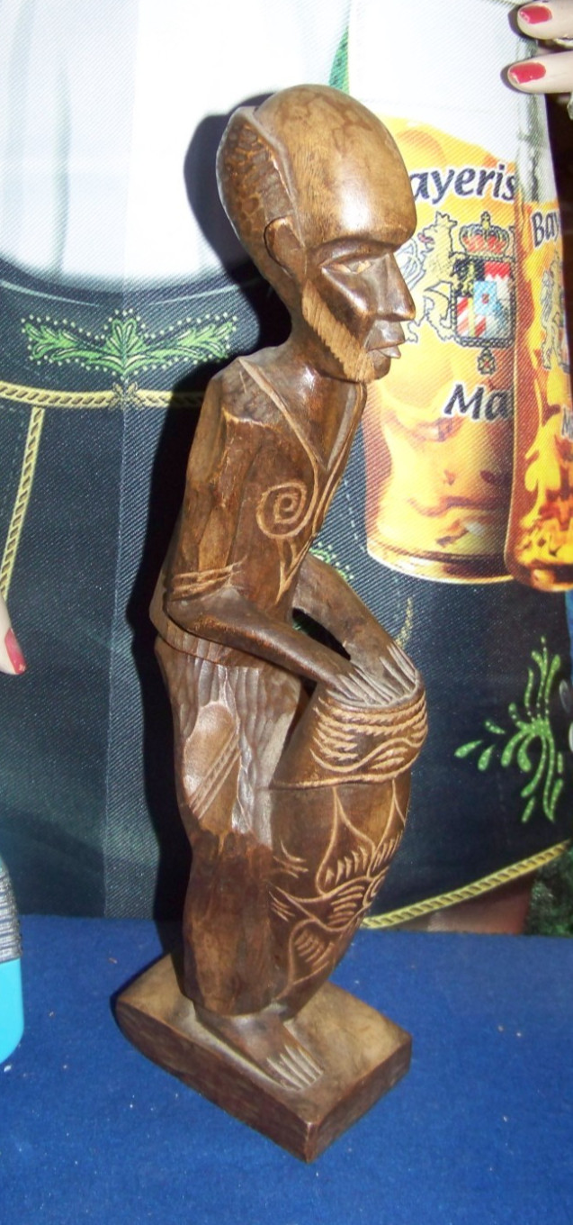 African Elder Tribal Figure Playing Drums 13" Wood Carving