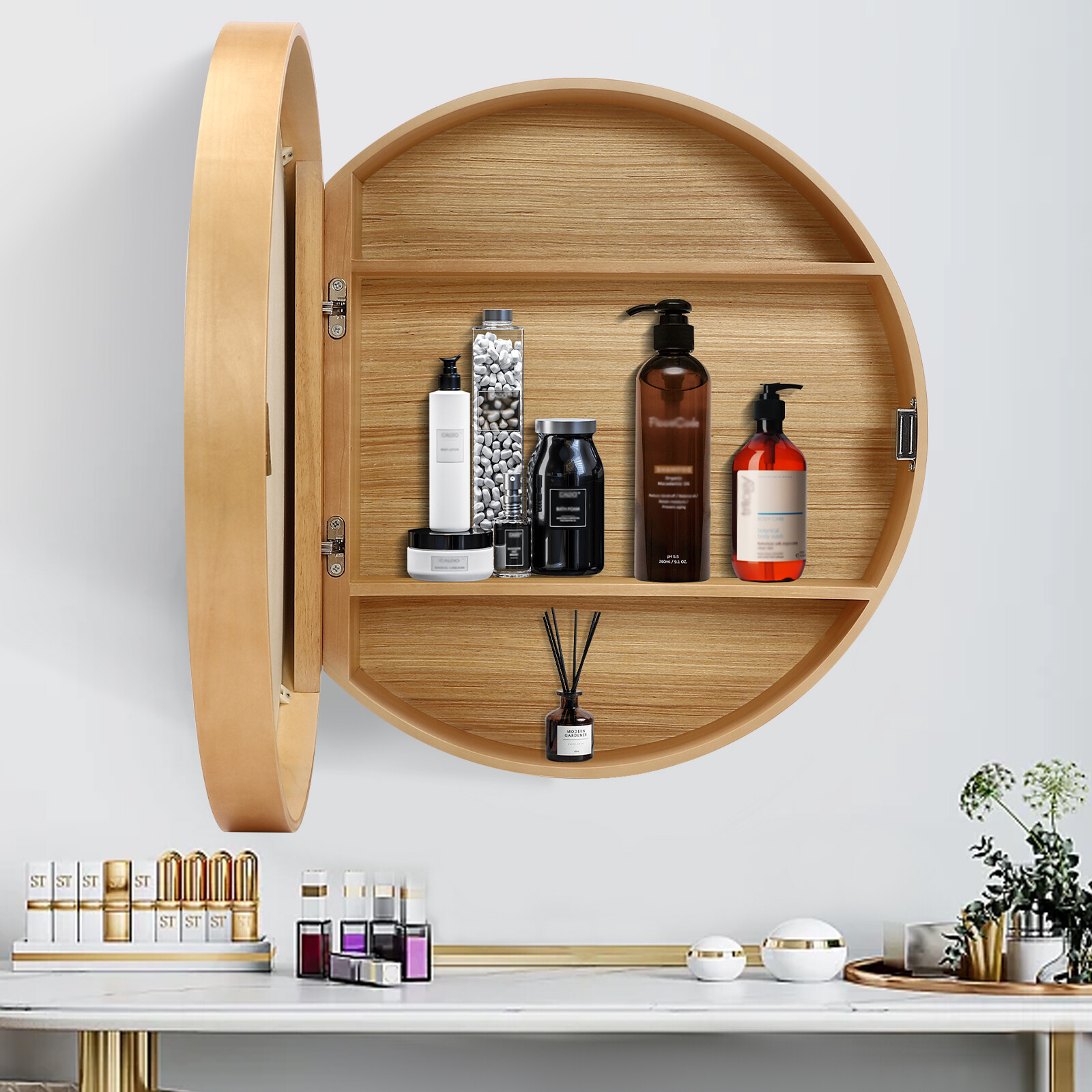 Mirror Cabinet Round Bathroom Mirror Cabinet with Hidden Storage Wall-mounted