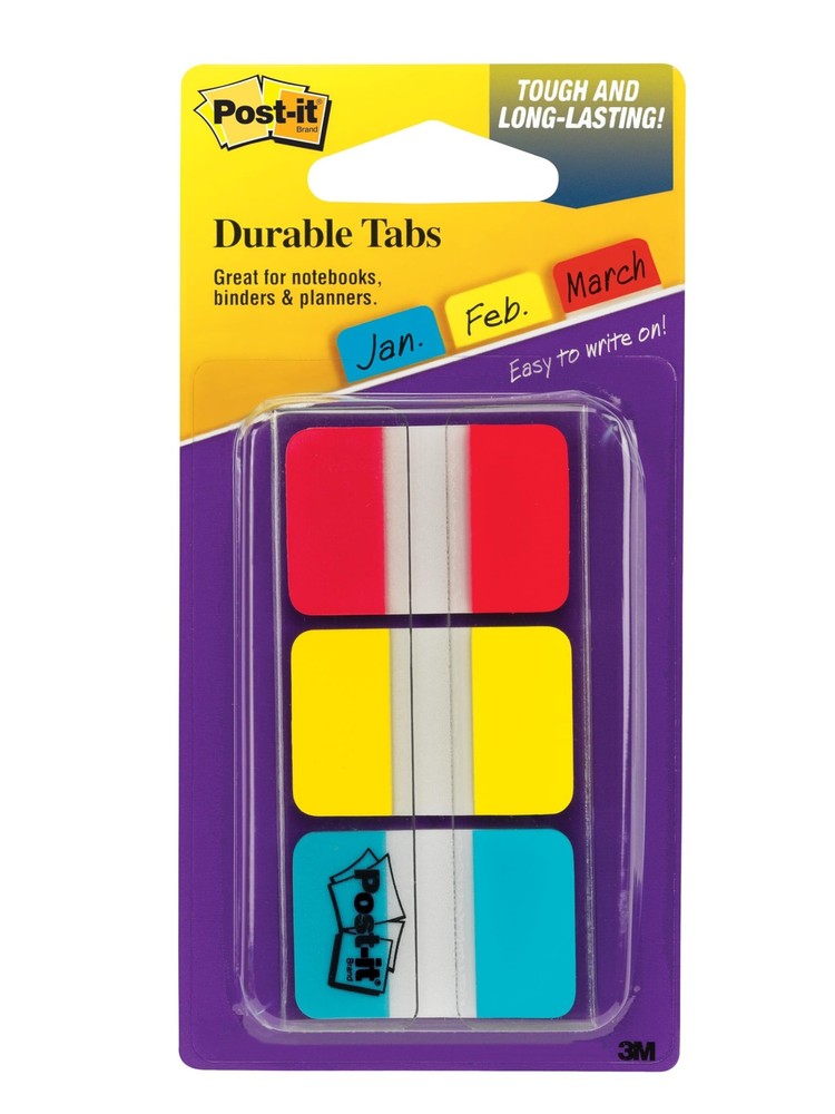 Post-it Tabs, 1 inch Solid, Red, Yellow, Blue, 0.4" x 2.8", Blue