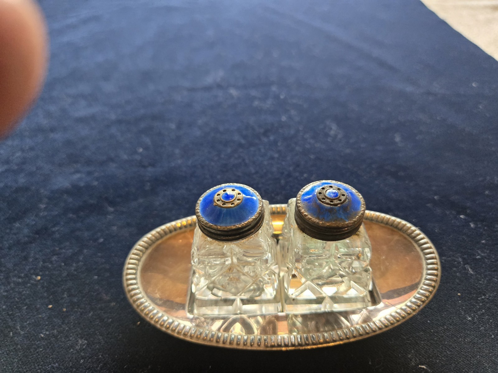 Antique Norway Guilloche Enamel Sterling Silver Salt & Pepper Set On Tray