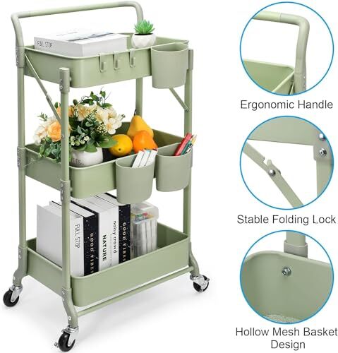 Foldable 3 Tier Metal Utility Rolling Cart Folding Mobile Multifunction Storage