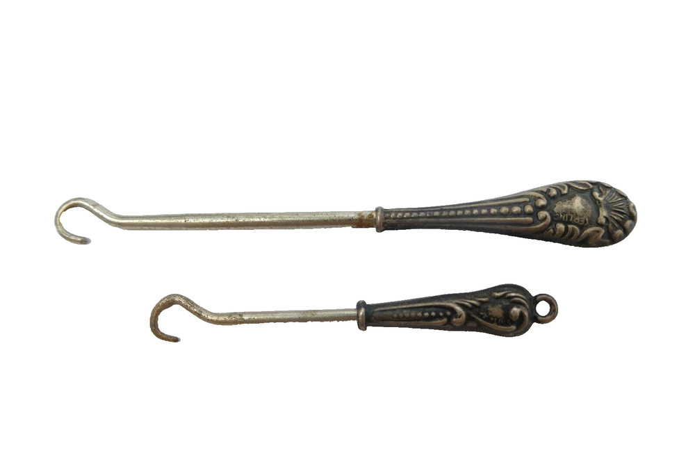 Two Small Button Hooks Sterling Silver Handles Victorian Miniature Mini
