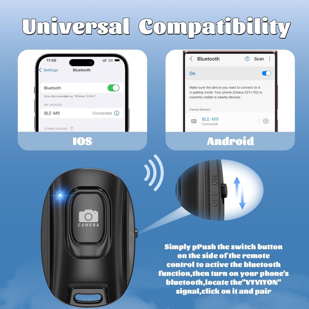 Rechargeable Wireles Camera Remote Bluetoth Selfi Shutter iPhone Android w/Strap