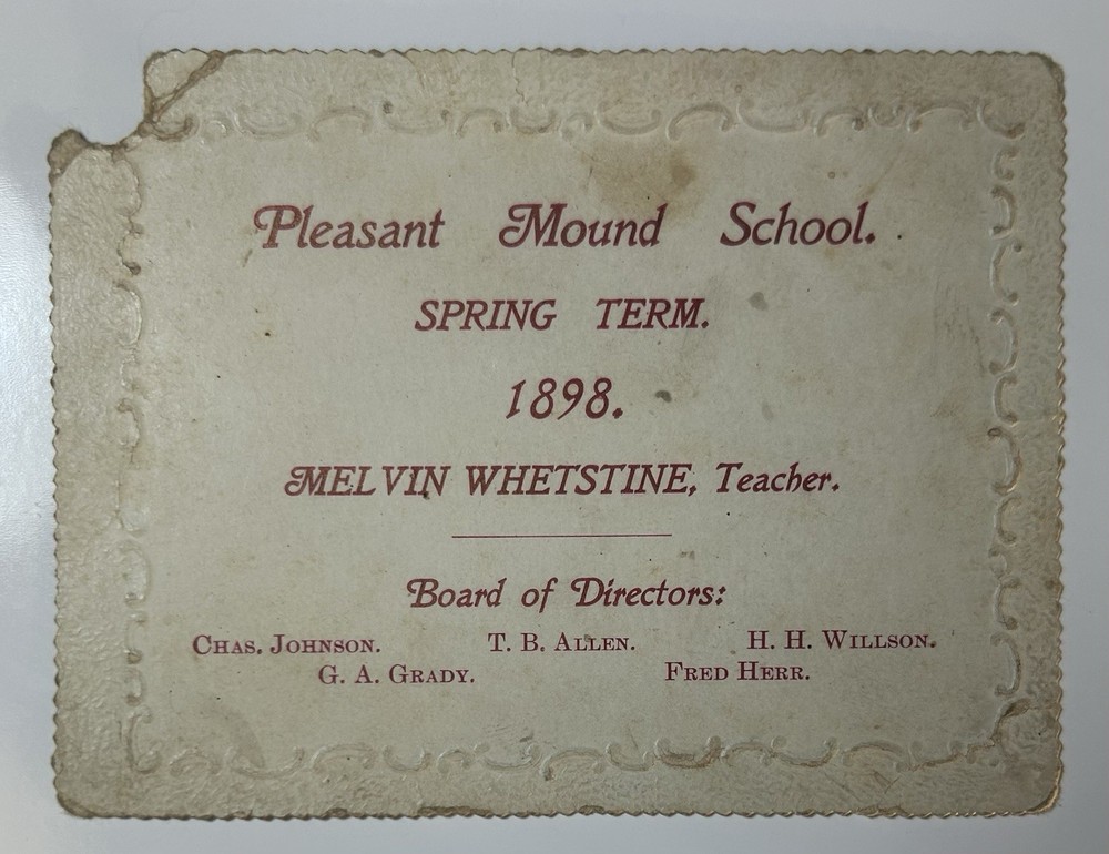 Pleasant Mound School 1898 Spring Term Info Card