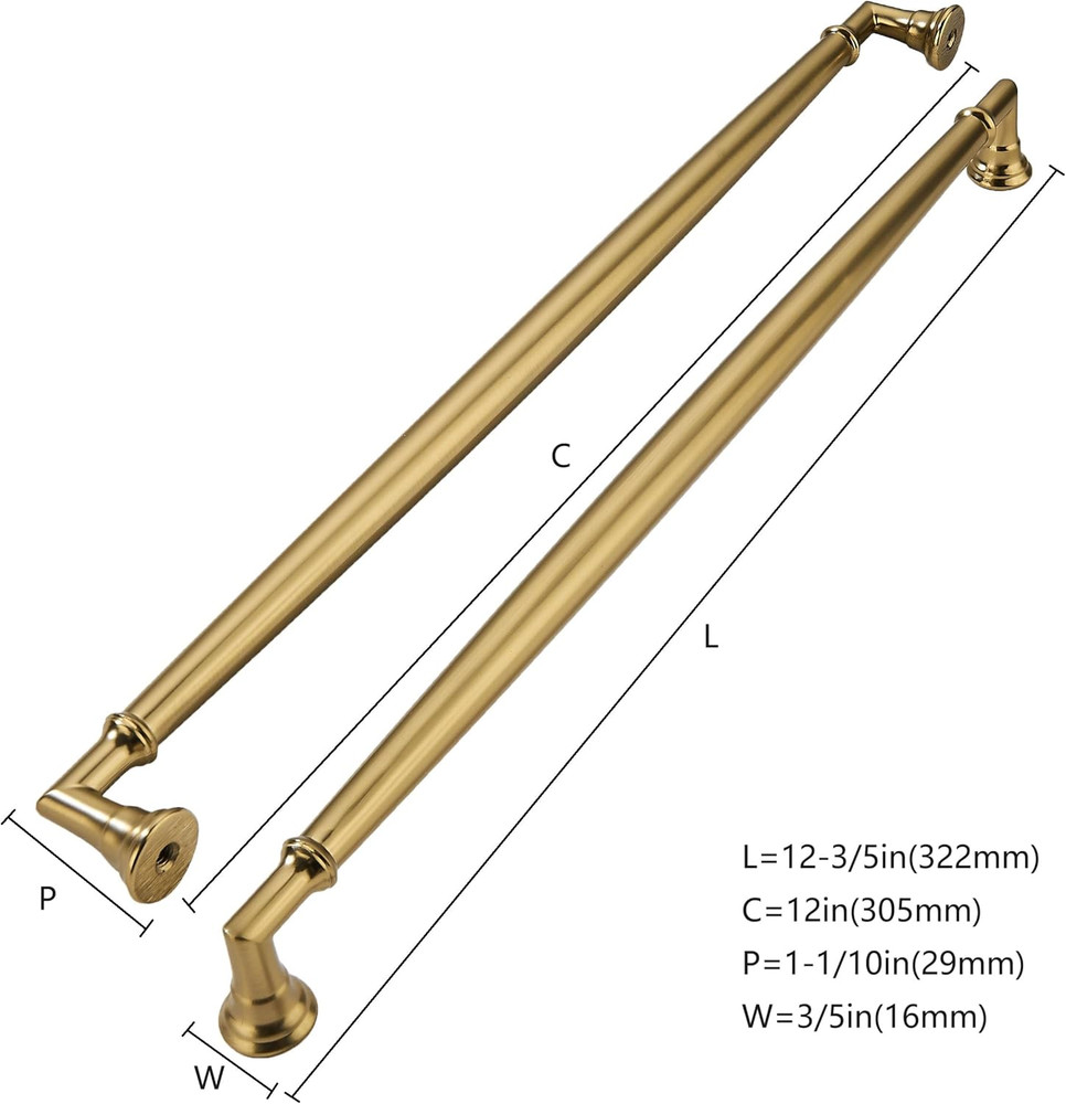 Brushed Brass Cabinet Pulls - 12" Heavy Duty Handles, 5 Pack