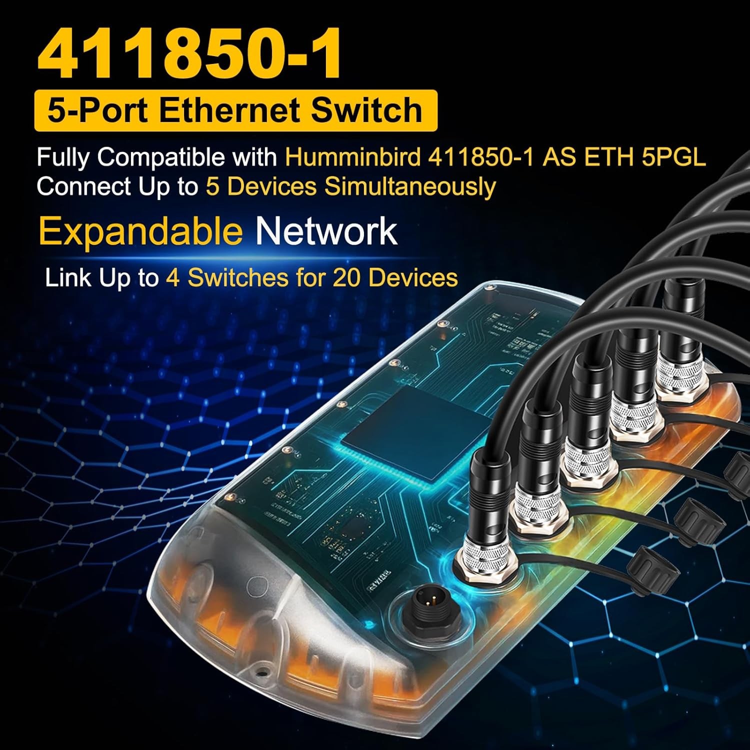 411850-1 5 Port Ethernet Switch for Humminbird AS ETH 5PGL, APEX, SOLIX, Helix
