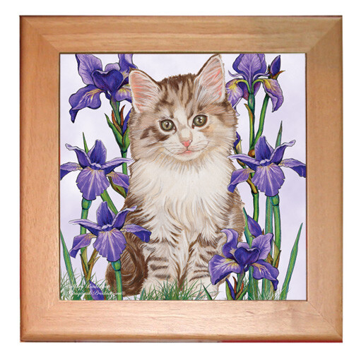 Cat Kitchen Ceramic Trivet Framed in Pine 8" x 8"