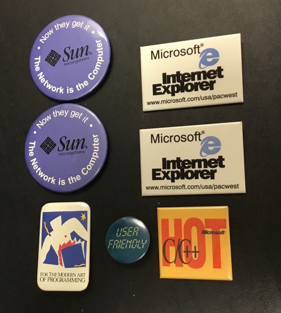 LOT (7) ORIGINAL VINTAGE MICROSOFT SUN MICROSYSTEMS BUTTON PIN USER FRIENDLY
