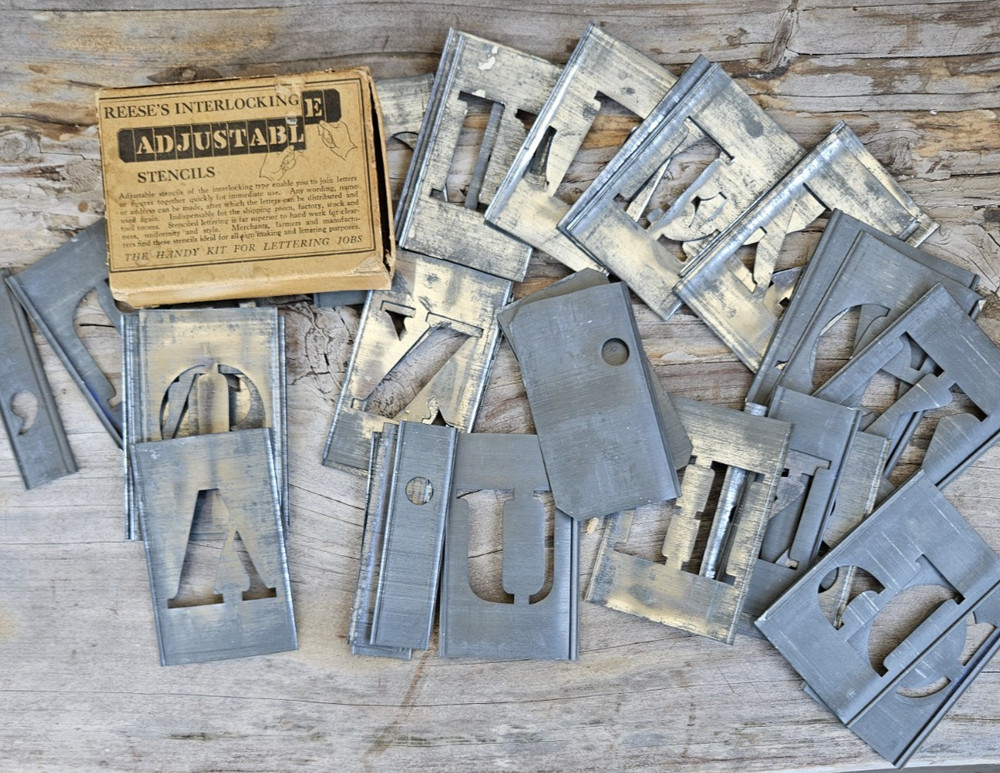 Vintage Metal Reese's 2" Interlocking Adjustable Letters stencils; original box