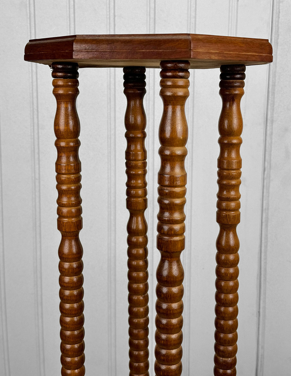 Vintage Traditional Turned Walnut & Marble Plant Stand Pedestal