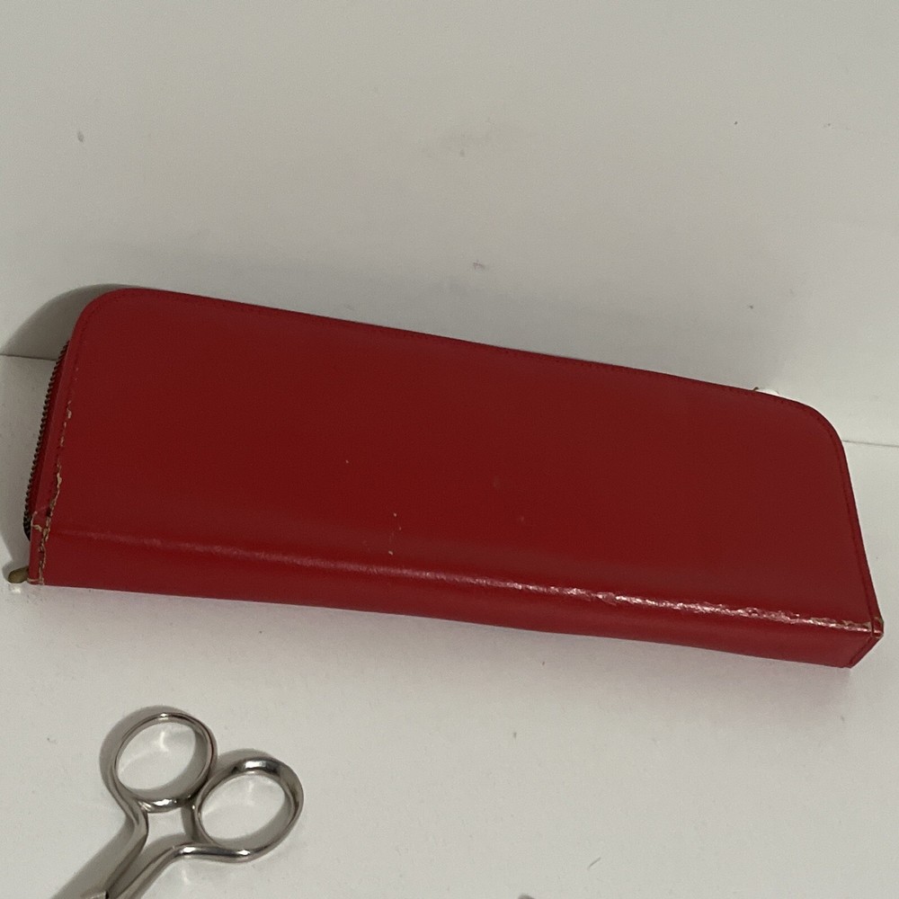 Vintage Pinking Shears, Griffon Scissors, Thimble & Red Leather Sewing Case Set