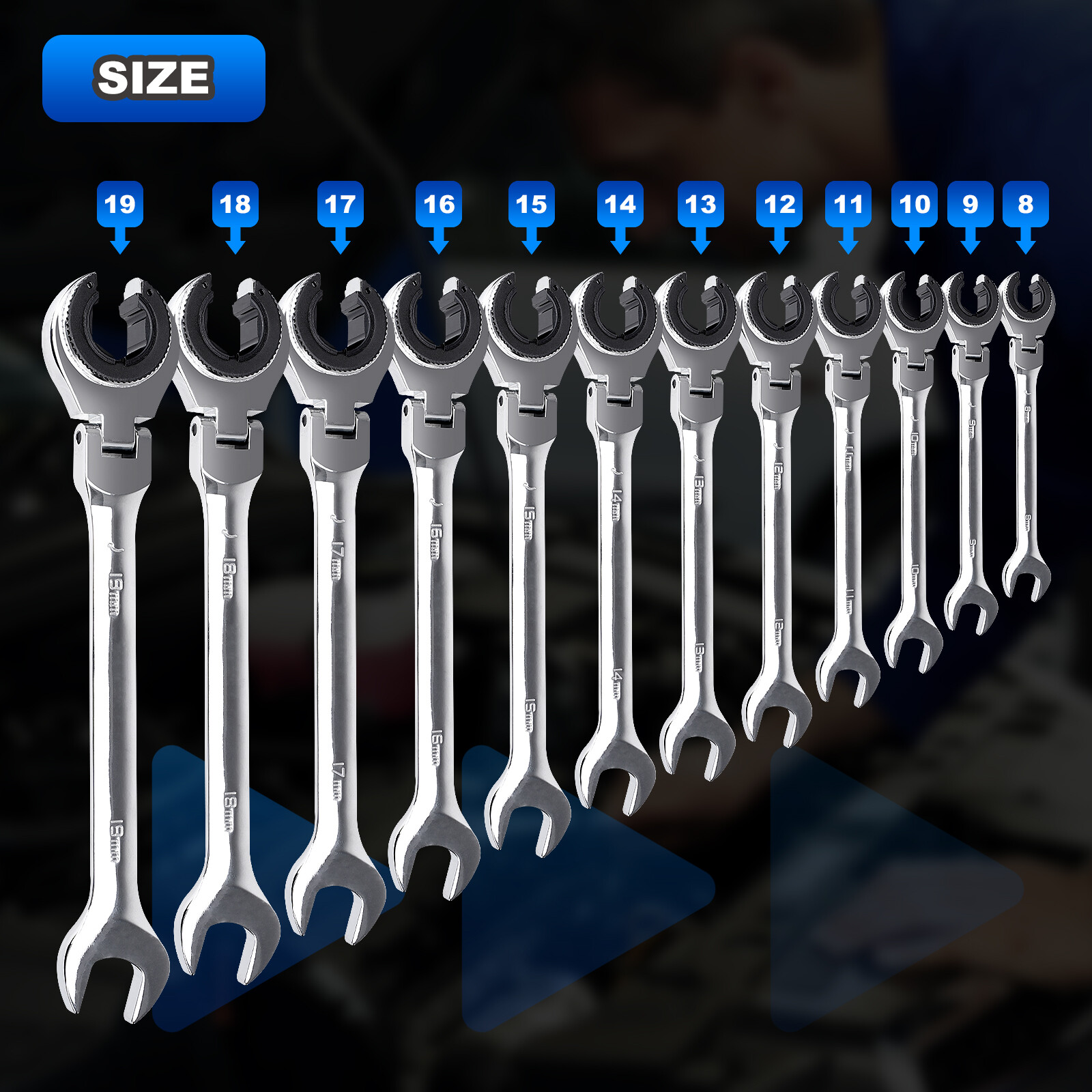 12PCS 8-19mm Metric Open Flex-Head Ratcheting Wrench Metric Spanner w/ 72 Teeth