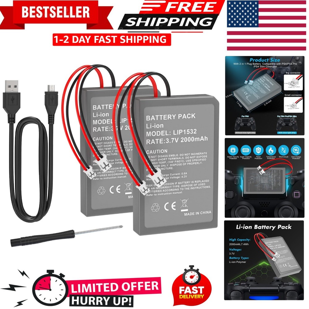 2 Pack 2000mAh Batteries for PS4Pro/PS4Slim Controller,Replacement Lithium Ba...