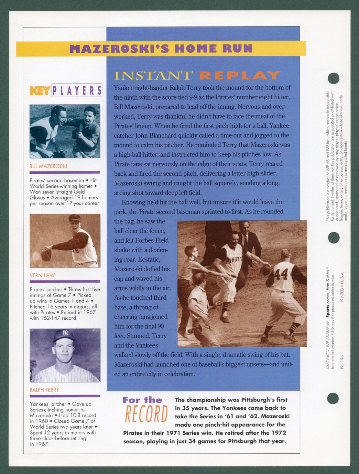 1960 7TH GAME WORLD SERIES PIRATES BILL MAZEROSKI SPORTS, HEROES, FEATS & FACTS