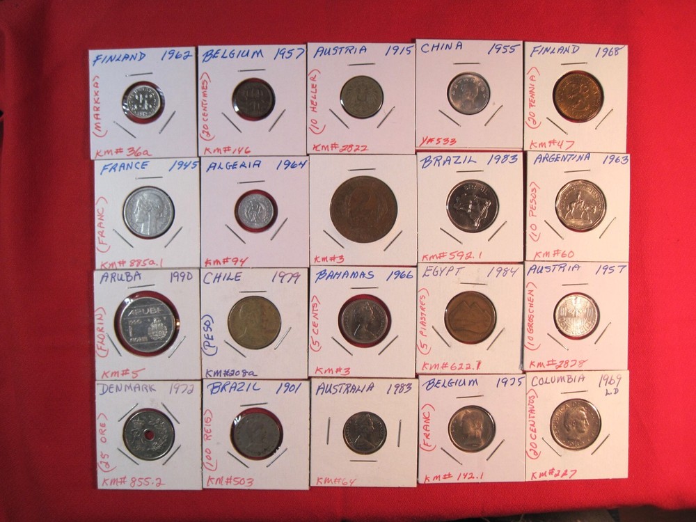 (20) DIFFERENT FOREIGN COINS FROM 16 COUNTRIES,  (#092C)