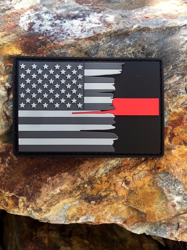 Subdued Tattered American Flag Thin Red Line PVC Patch, Firefighters