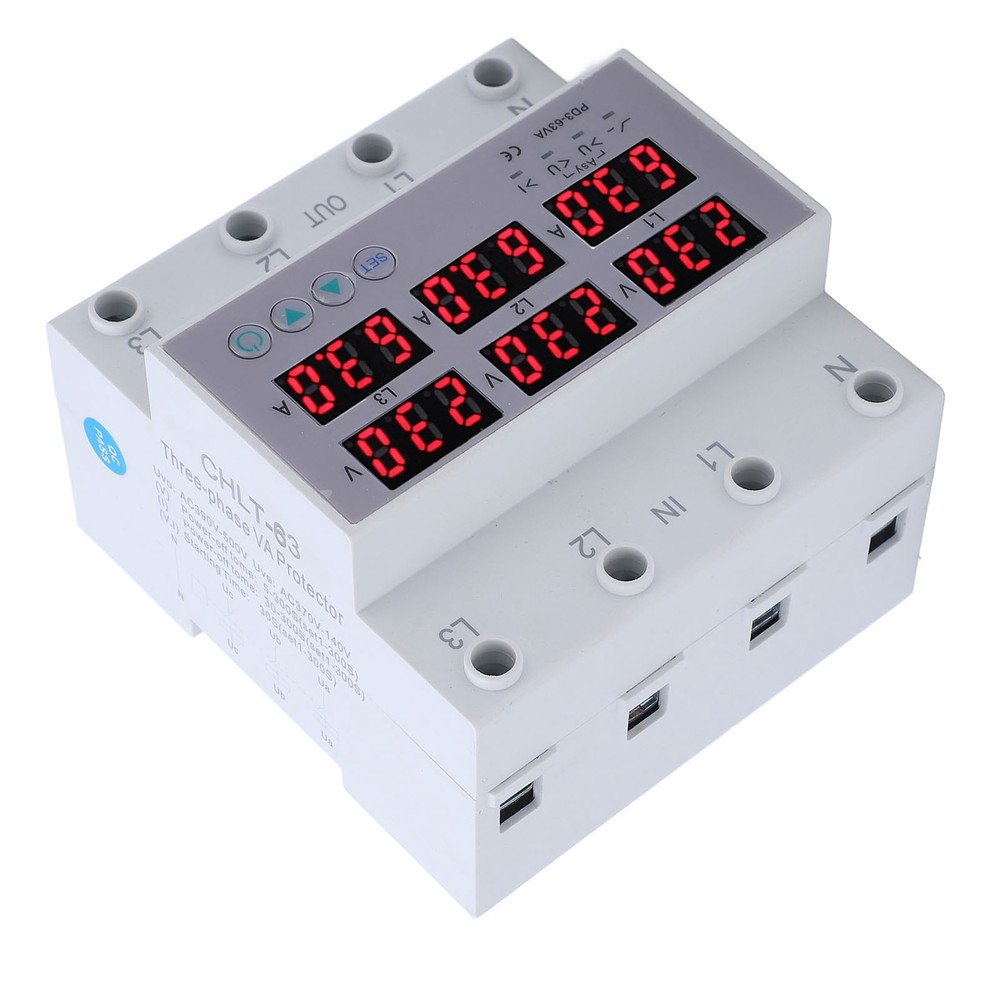 3Phase DIN Rail Voltmeter Ammeter Automatic Overvoltage Overcurrent Protector63A