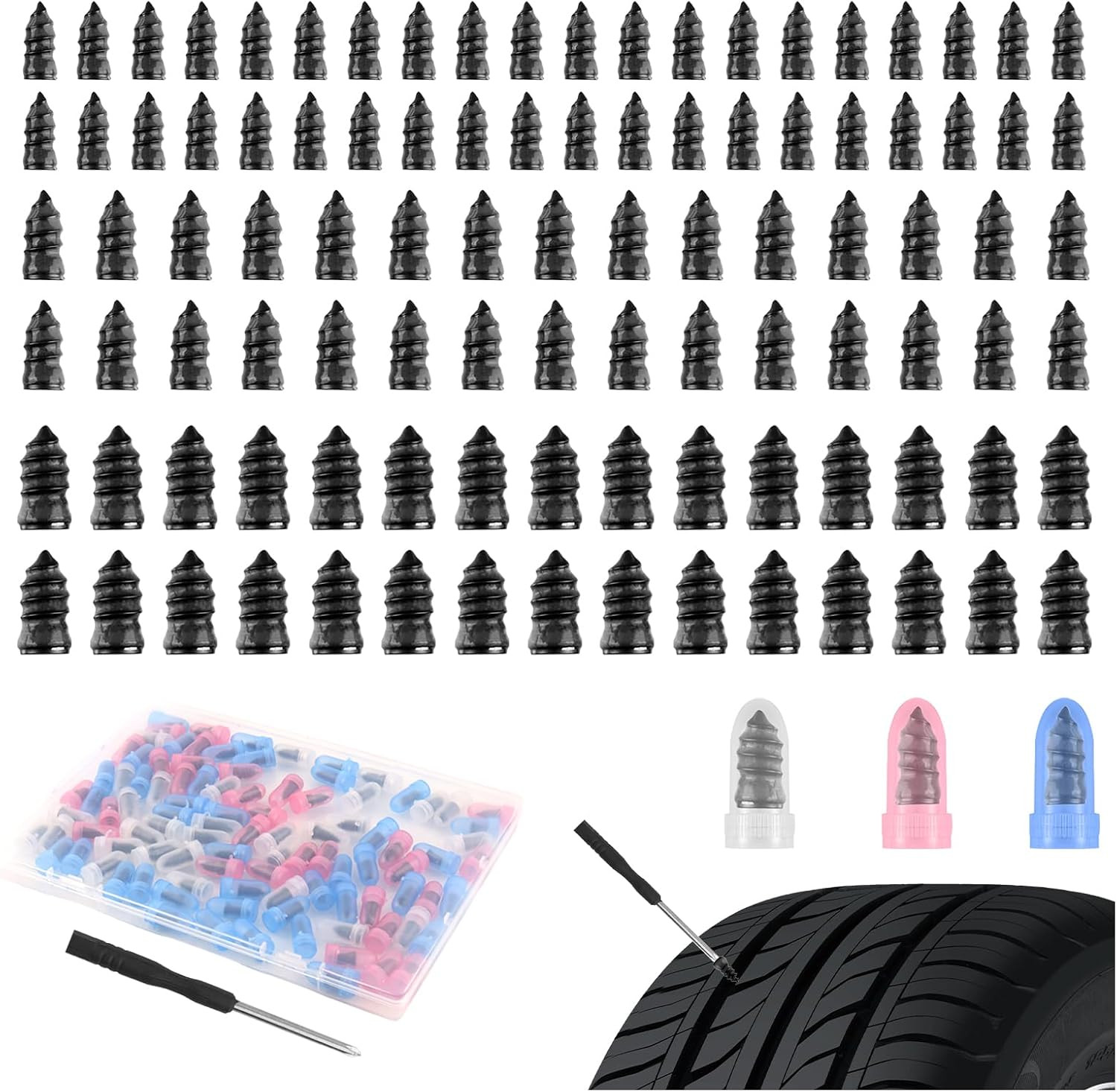 100PCS Tire Plug Kit with Large & Medium & Small,Self-Service Flat Screw in Tire