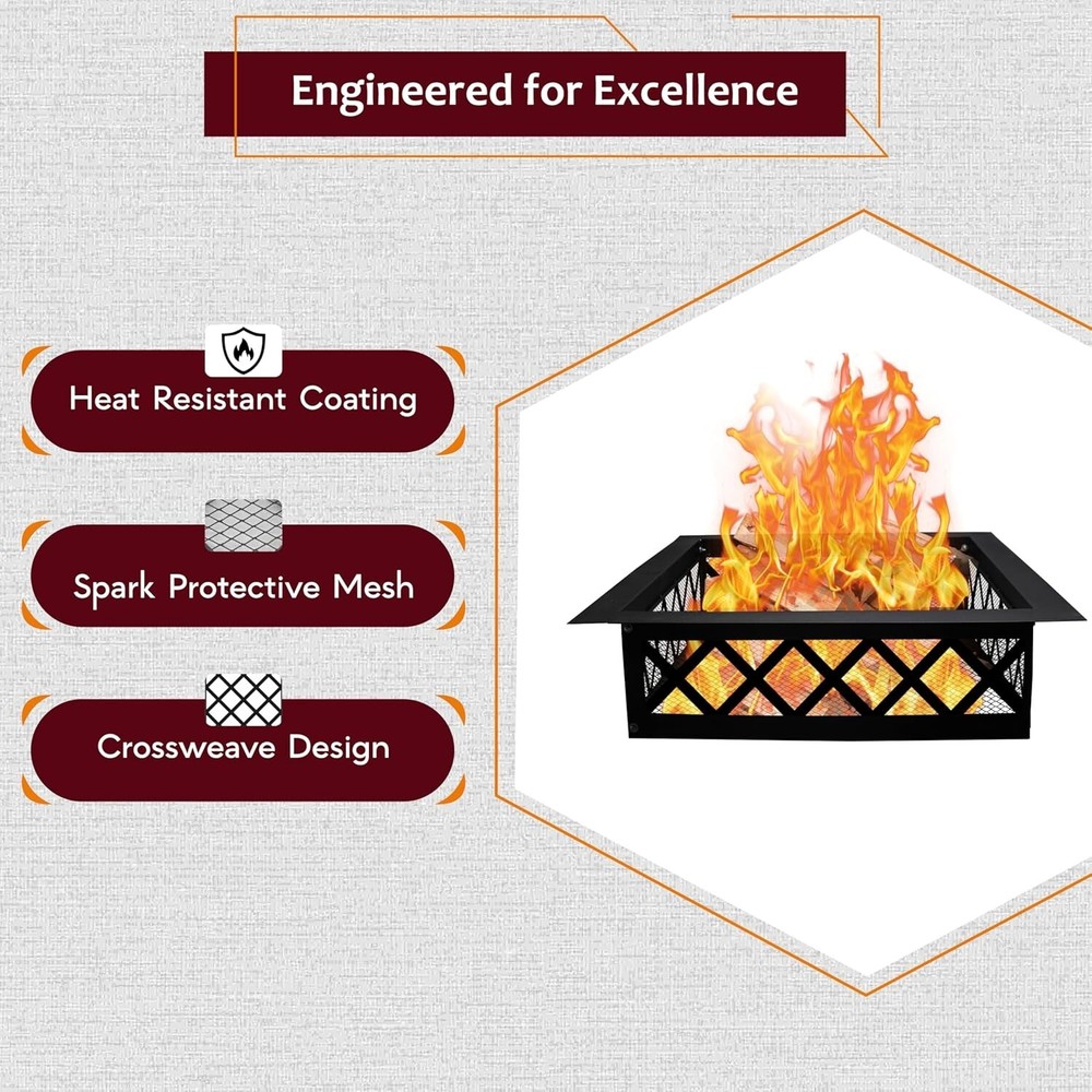 FEBTECH 36 Inch Portable Fire Pit Ring Square with Crossweave Design