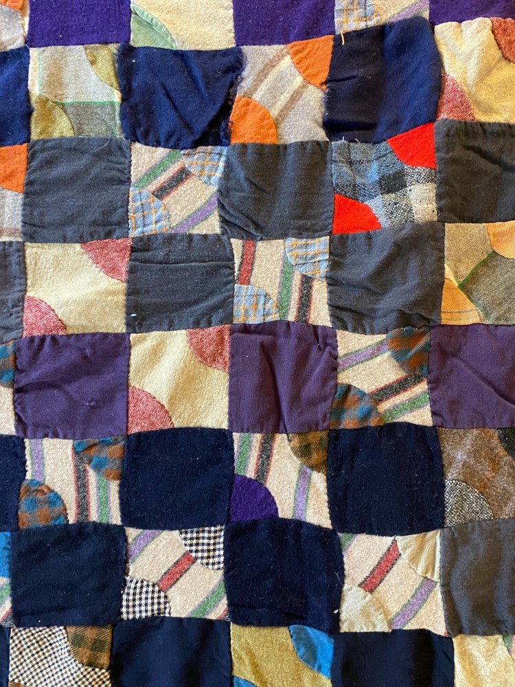 1920s Wool Quilt Drunkard’s Path Variation Antique Patchwork Blanket Heavy 80x65